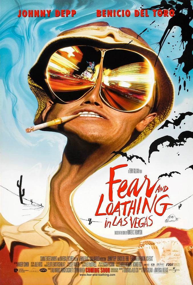 The movie poster for Fear & Loathing in Las Vegas. A man's head balloons from his neck in a cartoonish twisting of reality.