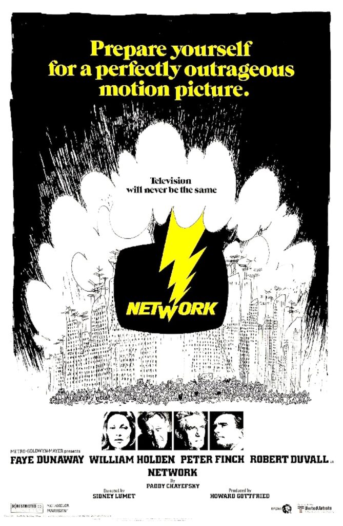 Poster for the film Network. A lightning bolt sticks through a cloud to an old television. The tagline is 'Television will never be the same again.'